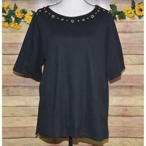 Quacker Factory Ladies XL Short Sleeve Studded Pullover Black Blouse Knit Top - Picture 1 of 9